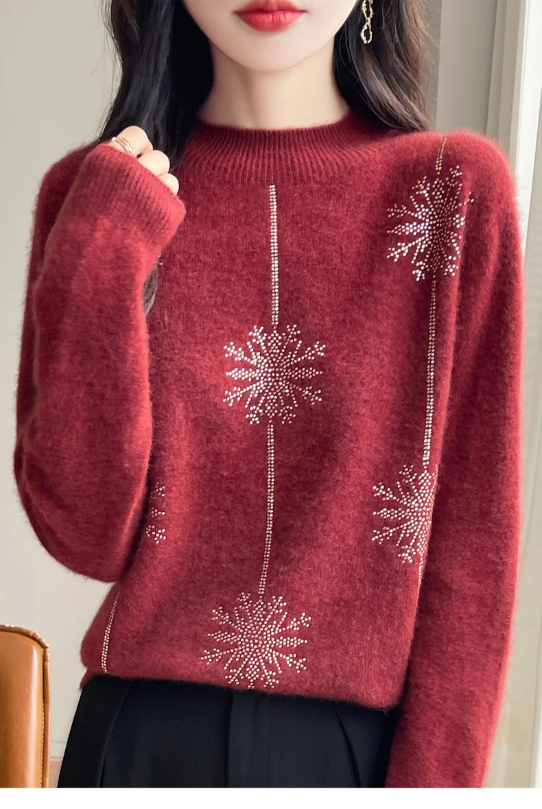 Diamond 100% Merino Wool Sweater 2024 New Women's Fashion Autumn/Winter Warm Hoodie Elegant Half High Collar Jumper Knitted Top