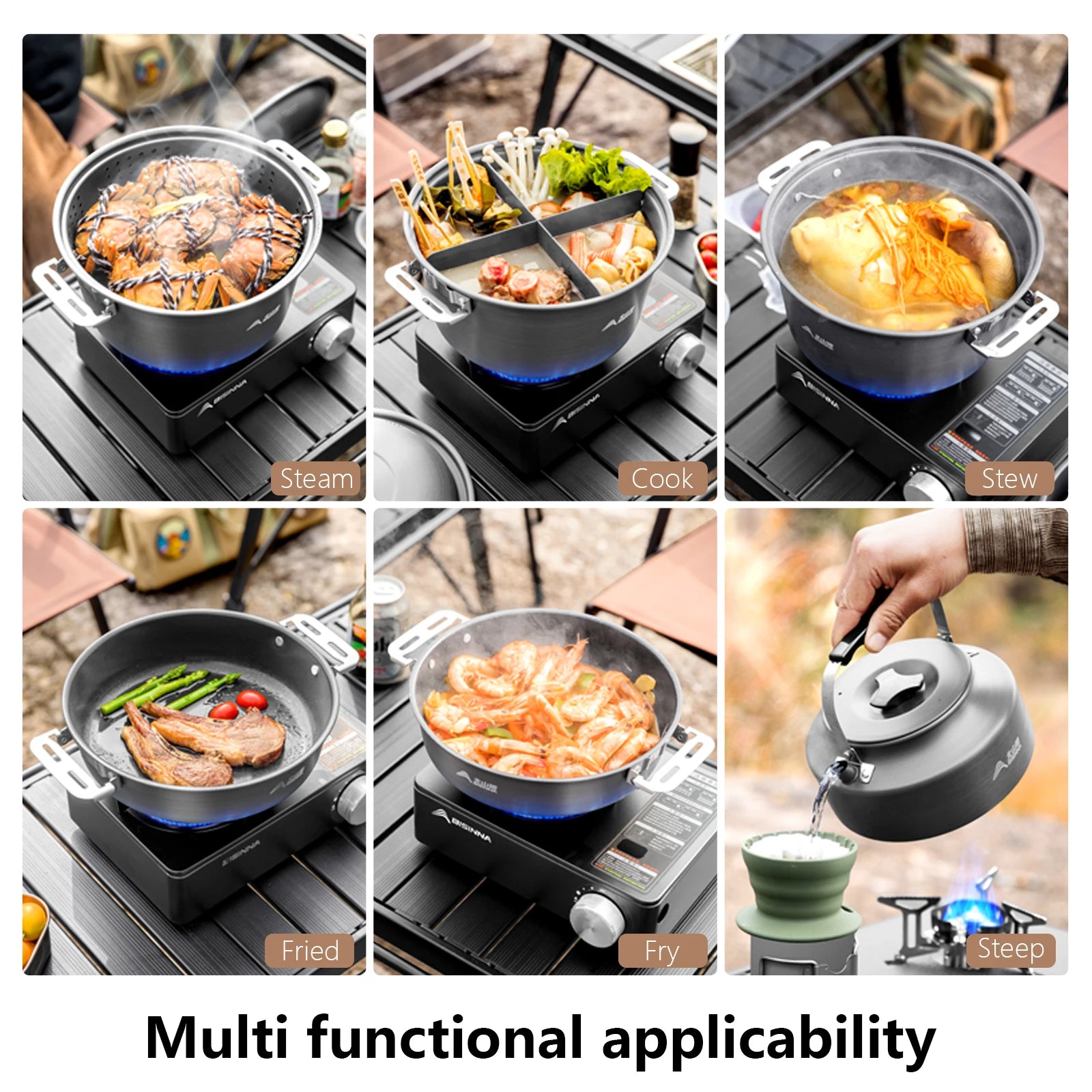 BISINNA Camping Cookware Set Outdoor Portable Tableware Pot Kettle Kitchen Equipment Frying Steaming Household Utensils Picnic