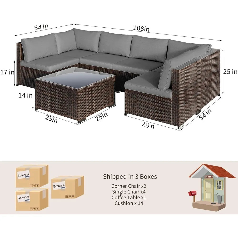 7 Pieces Outdoor Patio Furniture Set PE Rattan Outdoor Wicker Sectional Furniture Sofa Set, with Cushions and Glass Coffee Table