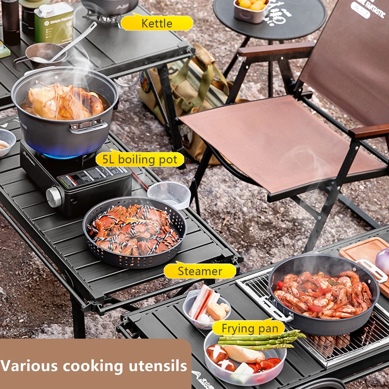 BISINNA Camping Cookware Set Outdoor Portable Tableware Pot Kettle Kitchen Equipment Frying Steaming Household Utensils Picnic