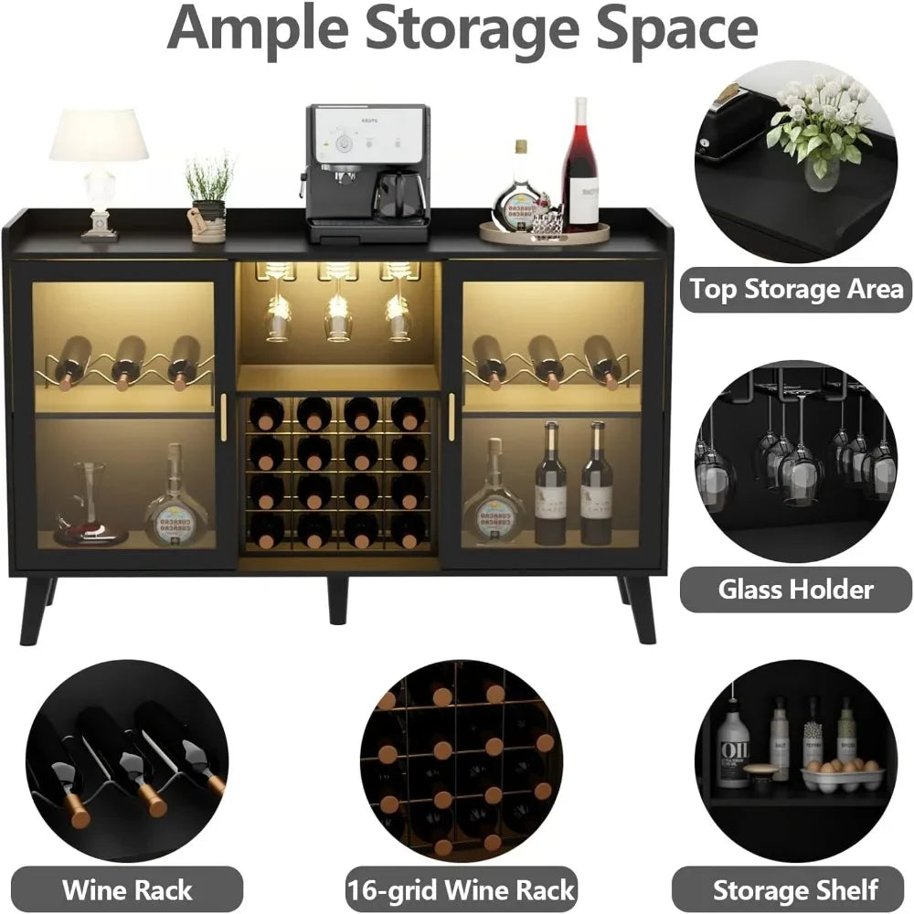 Wine Bar Cabinet with Led Light, Home Coffee Cabinet with Wine and Glass Rack, Kitchen Buffet Sideboard with Storage Shelves