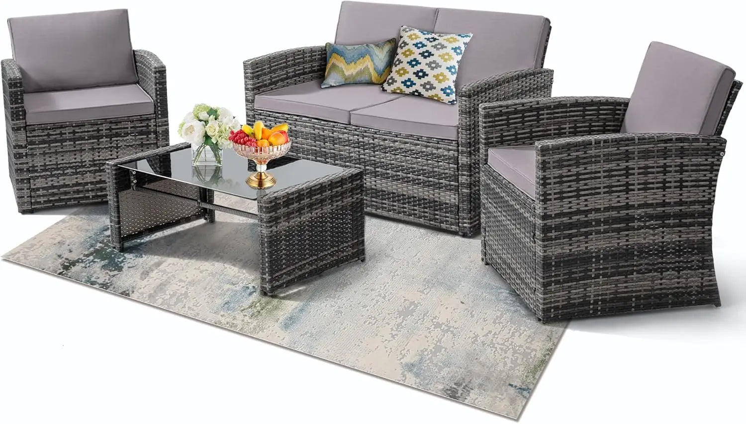 4 Piece Patio Conversation Set, Outdoor Wicker Sectional Furniture with Sofa, 2 Chairs, and Coffee Table, for Porch, Deck