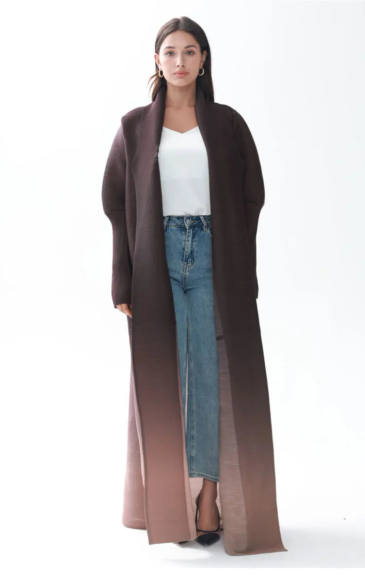 Miyake Pleated Gradient Turndown Collar Lantern Long Sleeve Jacket Women 2024 New Original Designer Abaya Fashion Long Coats