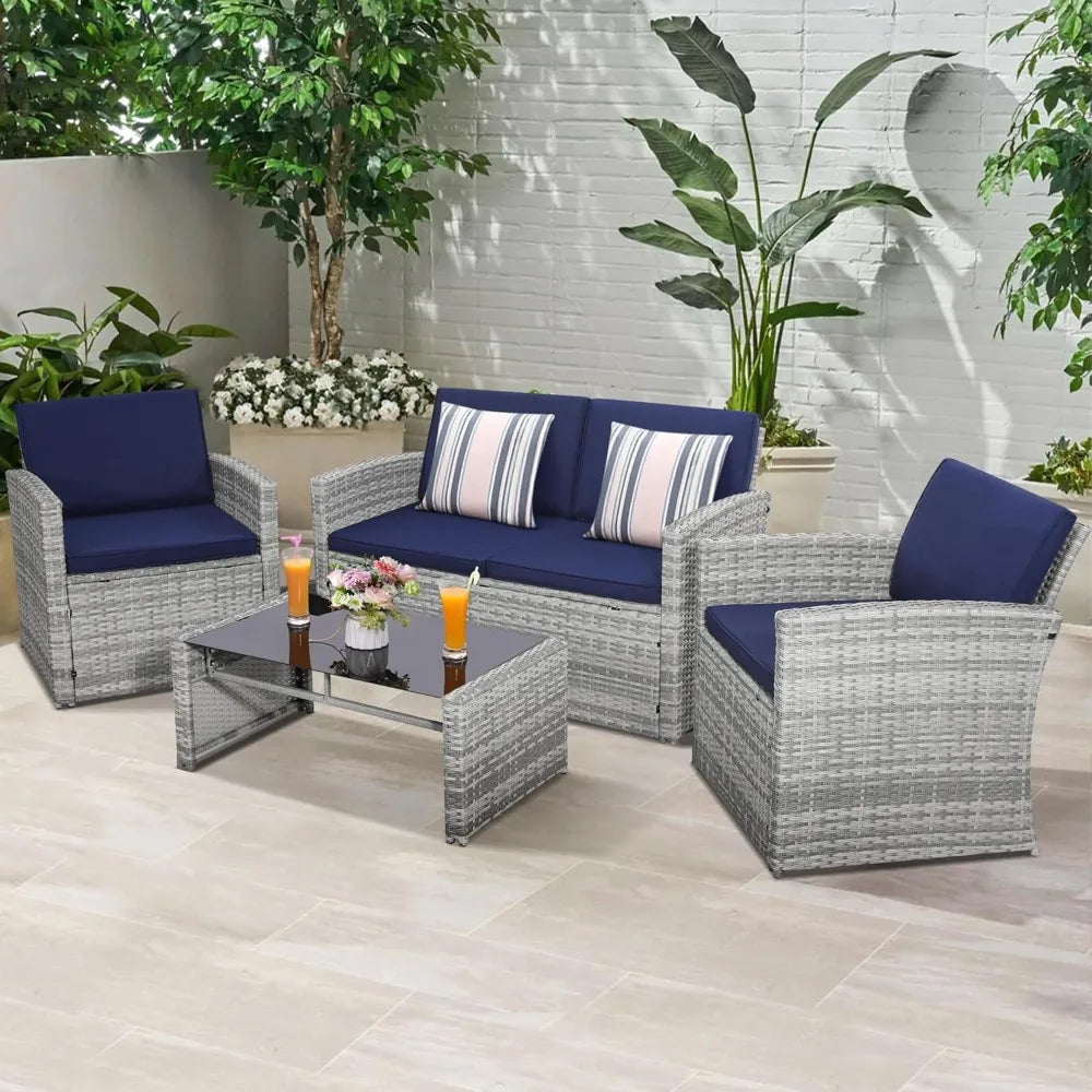 4 Piece Patio Conversation Set, Outdoor Wicker Sectional Furniture with Sofa, 2 Chairs, and Coffee Table, for Porch, Deck
