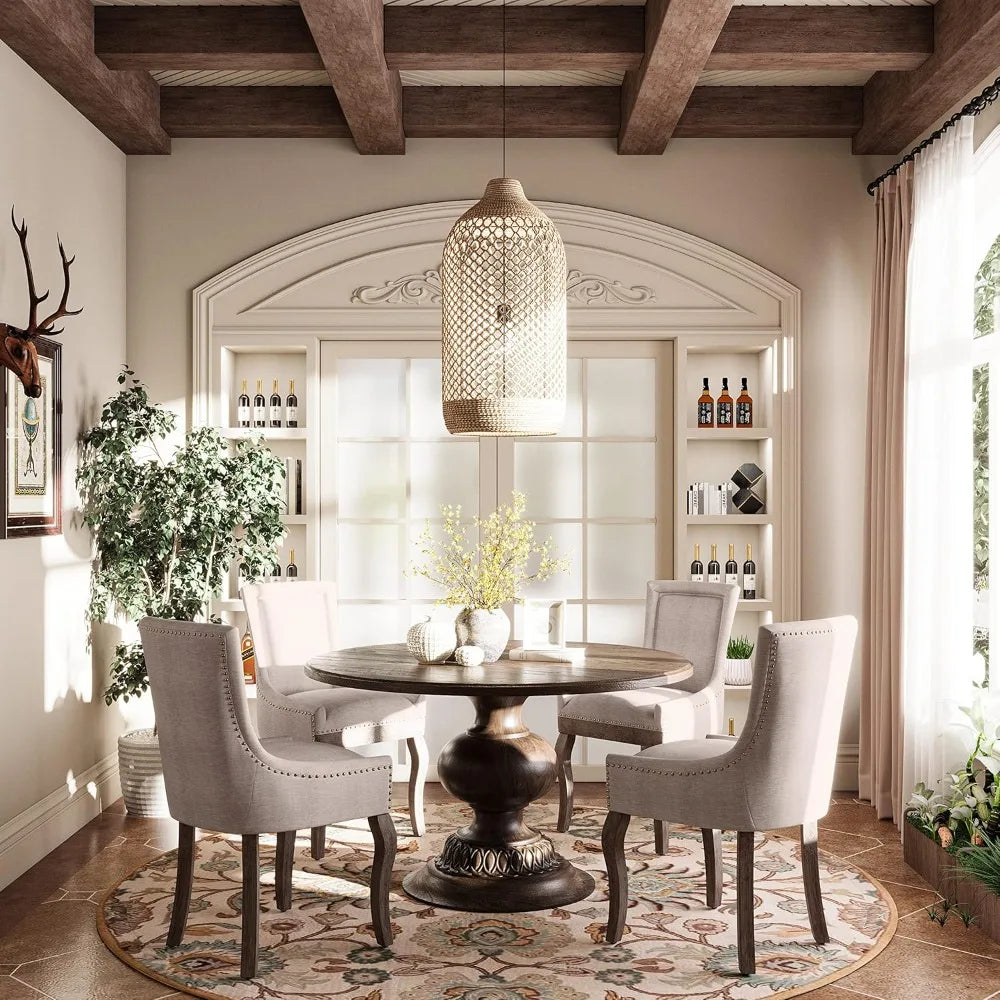 Abric Vintage Upholstered Side Chairs Set of 6, Farmhouse Solid Wood Kitchen Dining Room Chairs with Nailheads Legs