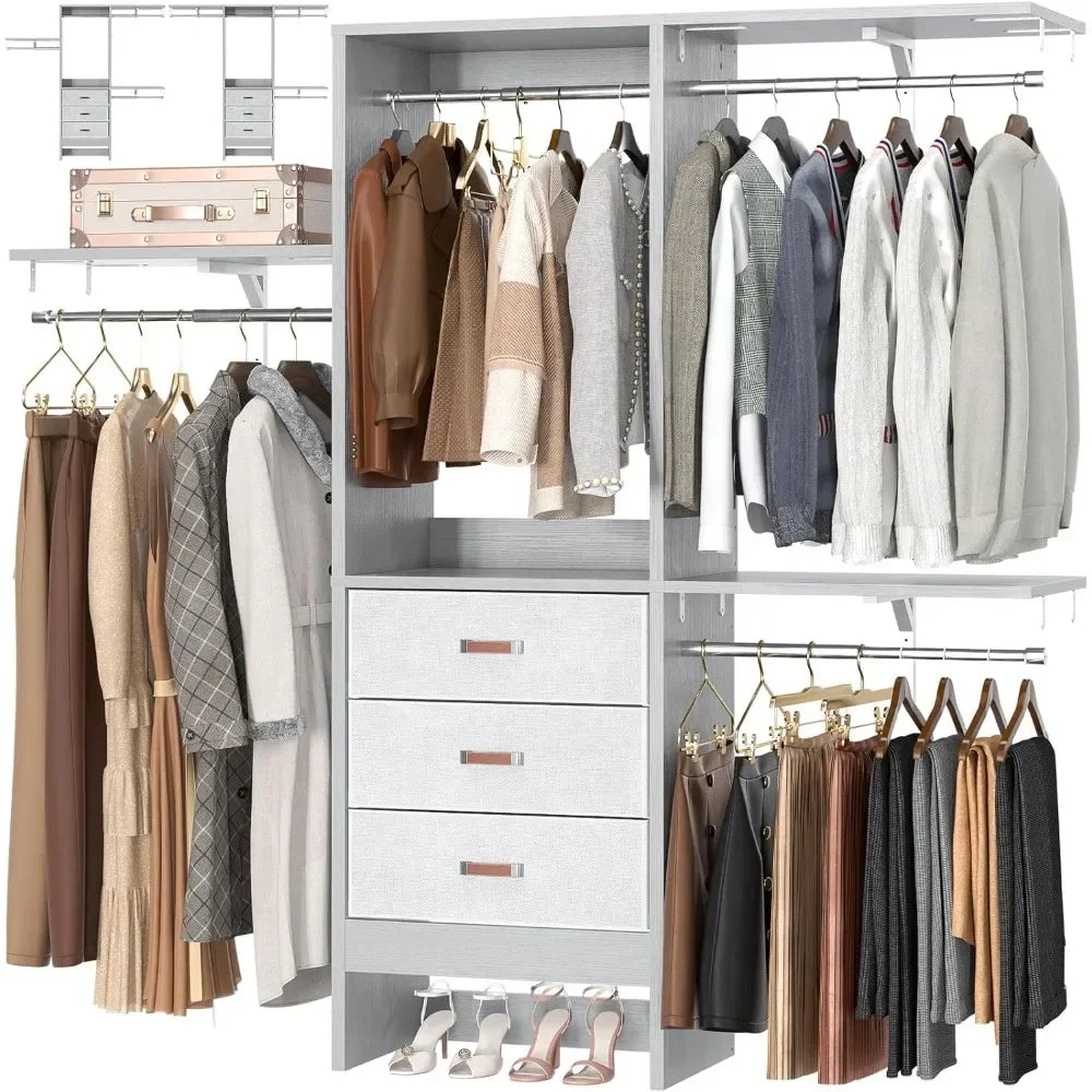 5FT Small Closet System with 3 Fabric Drawers, 60 Inches Walk In Closet Organizer System With 3 Adjustable Shelves