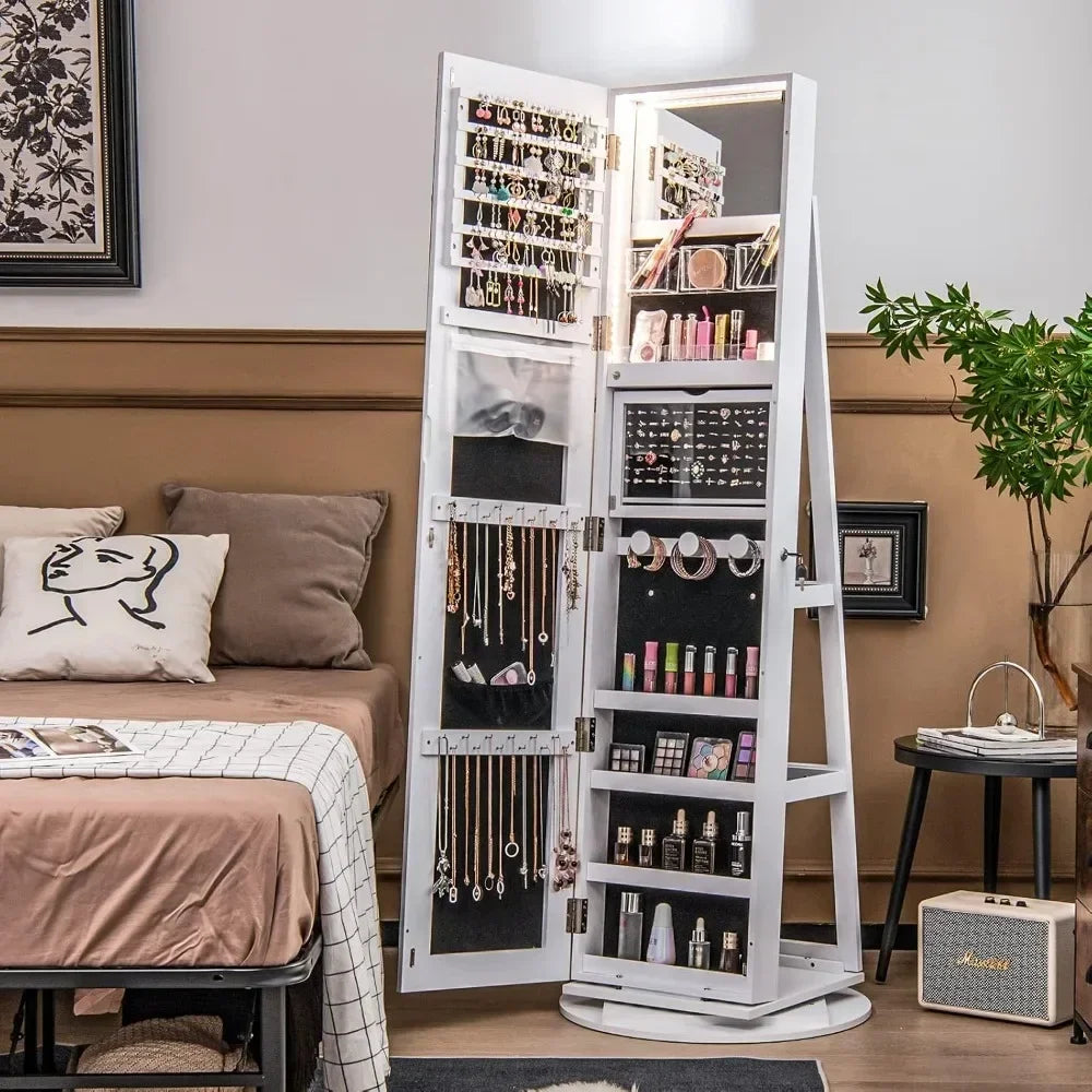 63.5" H Jewelry Armoire with Full Length Mirror 360° Swivel, Rear Storage Shelves, Lockable Standing Jewelry Cabinet Organizer