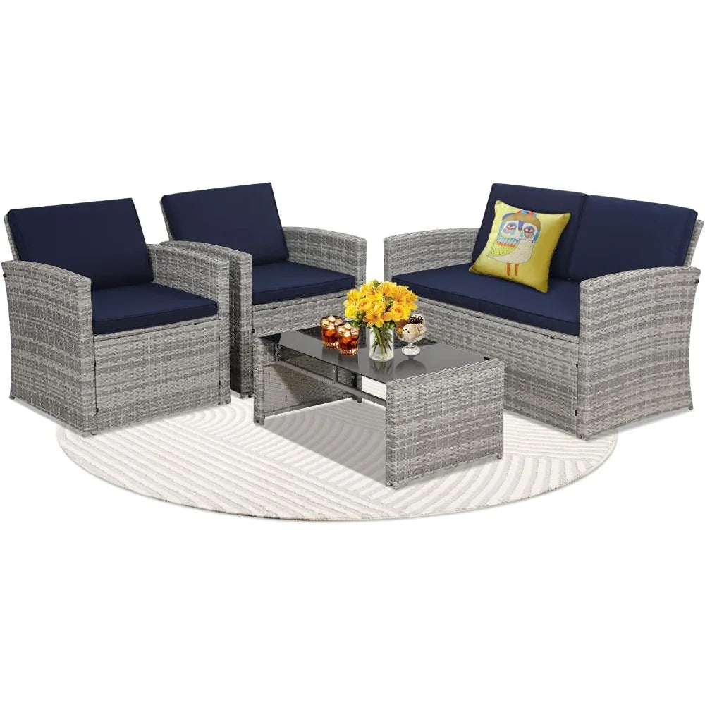 4 Piece Patio Conversation Set, Outdoor Wicker Sectional Furniture with Sofa, 2 Chairs, and Coffee Table, for Porch, Deck