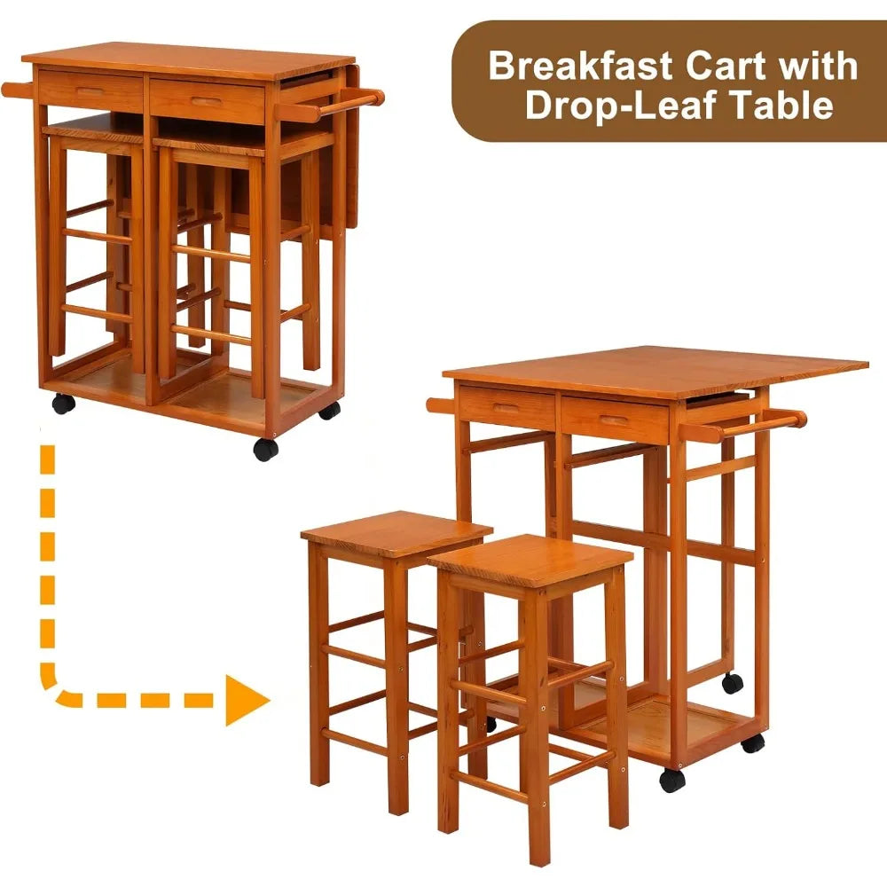 Kitchen Island Trolley Cart with 2 Square Stools and 2 Drawers Solid Wood Drop Leaf Table Easy Put Together