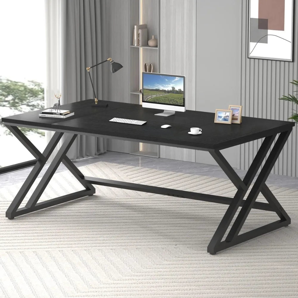 70.8" Black Computer Desk, Large Industrial Pc Study Home Office Desk, Long Modern Wood Gaming Work Writing Desk