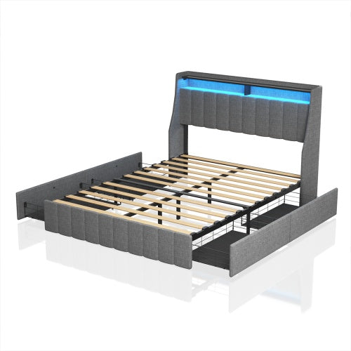 Queen Size Bed Frame With LED, 4 Under-bed Portable Storage Drawers, Wings Headboard Design