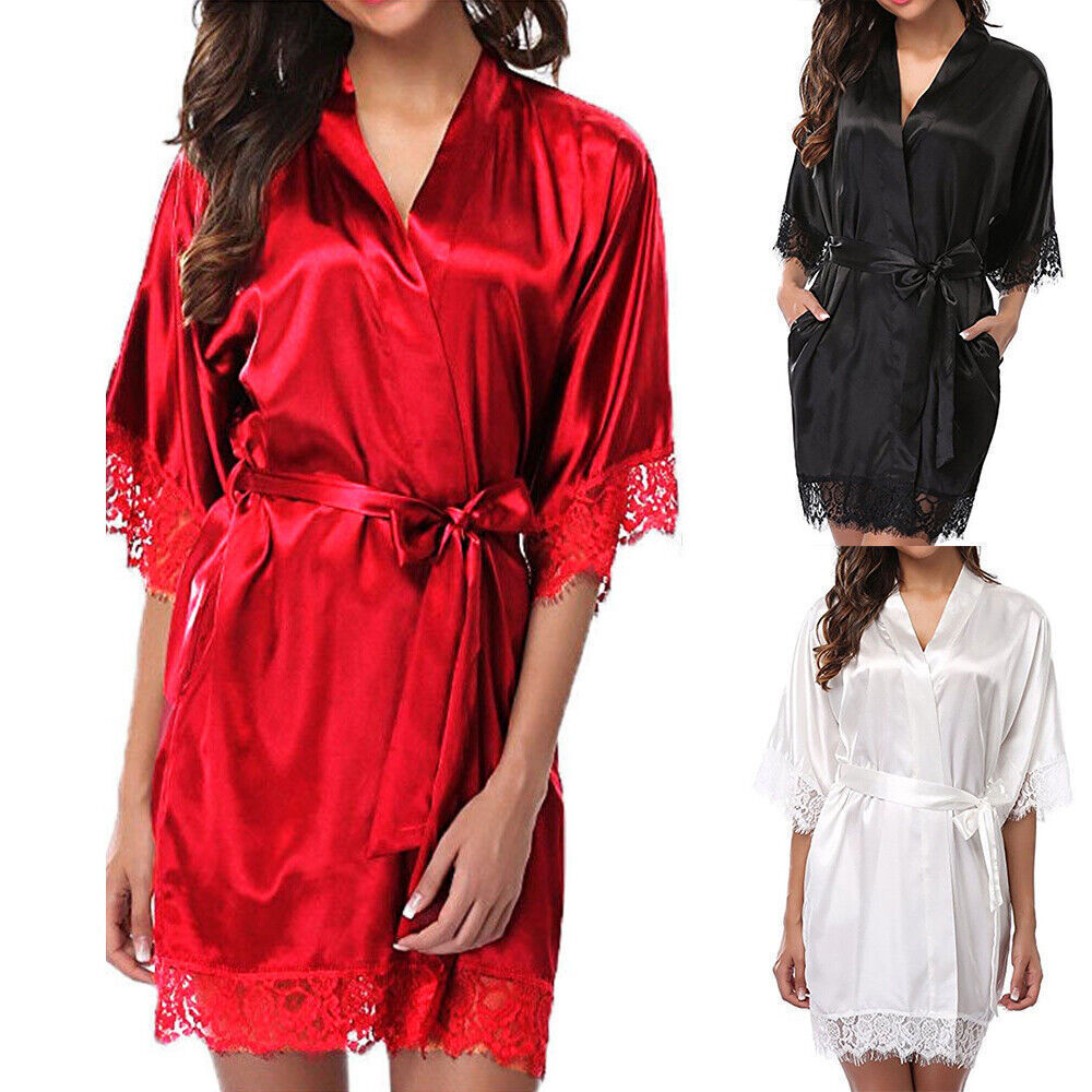 UK Satin Robe Wedding Bride Bridesmaid Kimono Dressing Gown Sleepwear Bathrobe