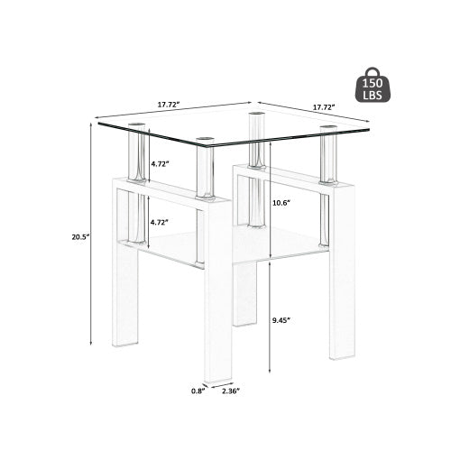 Set Of 2, Modern Tempered Glass Tea Table Coffee Table End Table, Square Table For Living Room, Transparent White