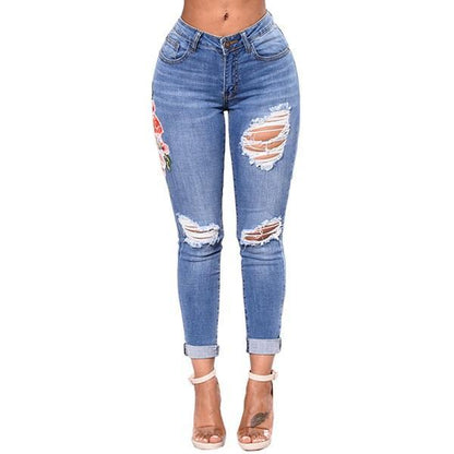 Women's Ripped Denim Pencil Jeans