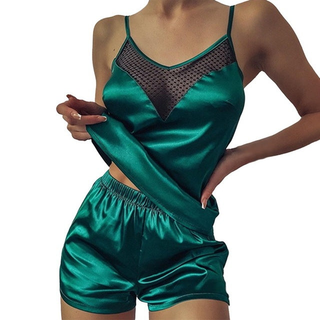 Satin Pajamas  Lace Pijama Nightie Sleepwear Home Clothes Tops And Shorts Women's Silk Pajamas Solid Color Pajama Set