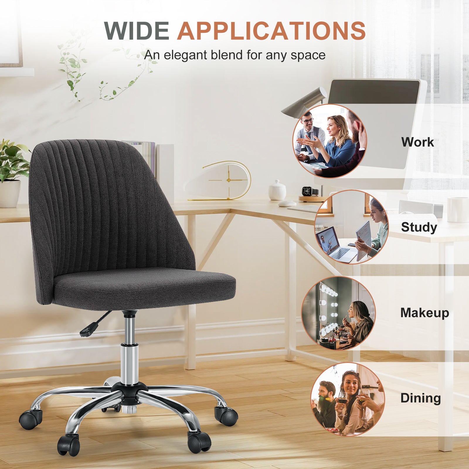 Modern Fabric Armless Adjustable Swivel Office Desk Chairs With Wheels