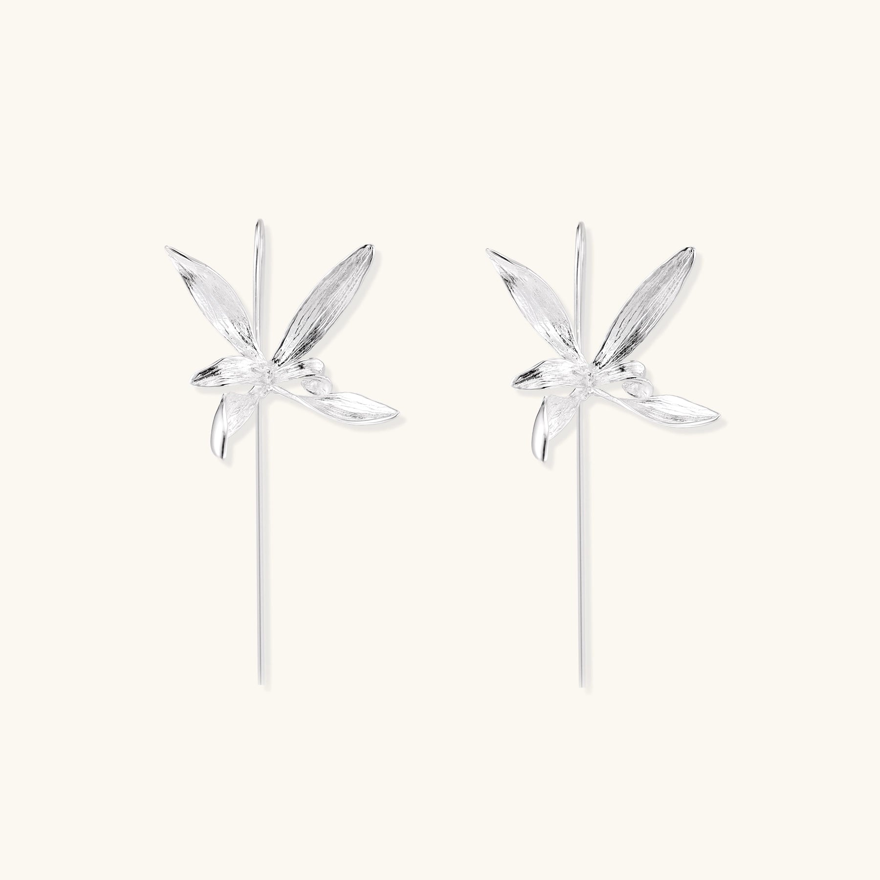 Delicate sterling silver flower earrings with long threader posts and five-petal design on white background.