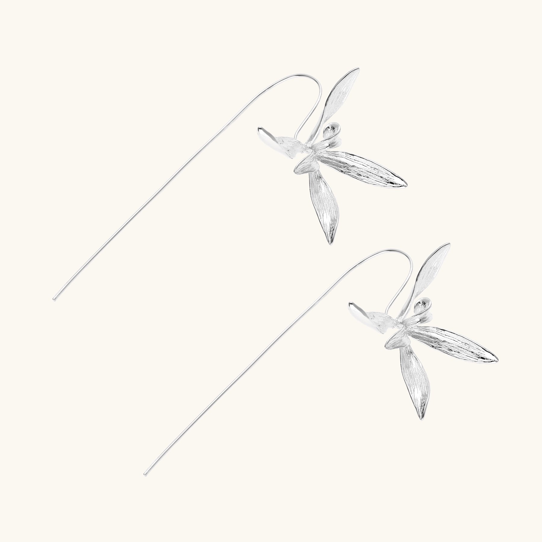 Delicate sterling silver flower earrings with long threader posts and five-petal design on white background.