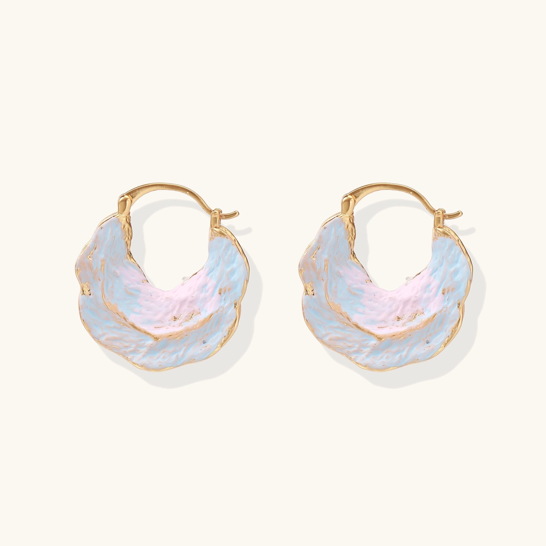 18K gold plated hoop earrings with iridescent enamel coating in blue and pink tones, organic shell-like design
