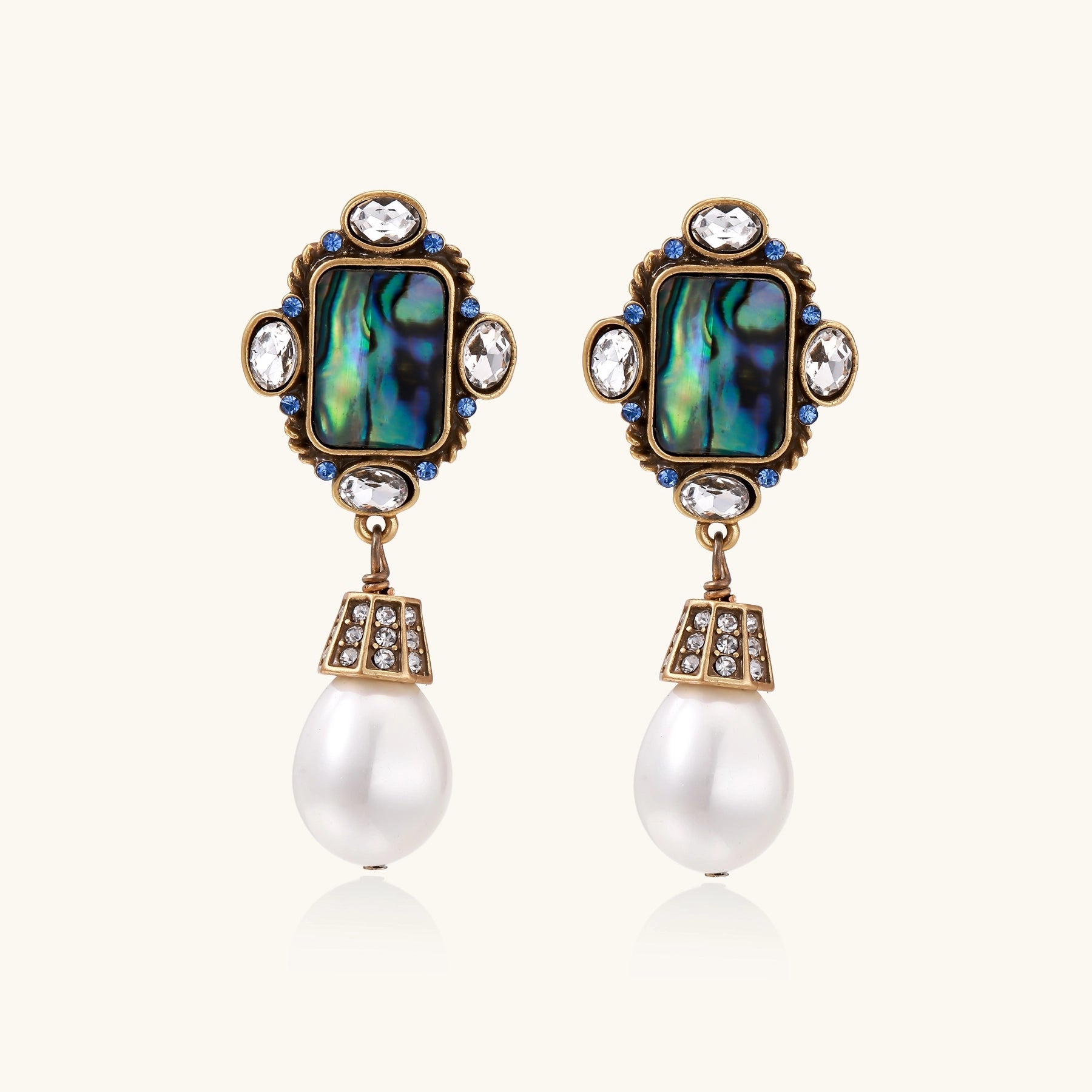 Gold-plated brass drop earrings featuring iridescent abalone shell centers, crystal accents, and white pearl drops.