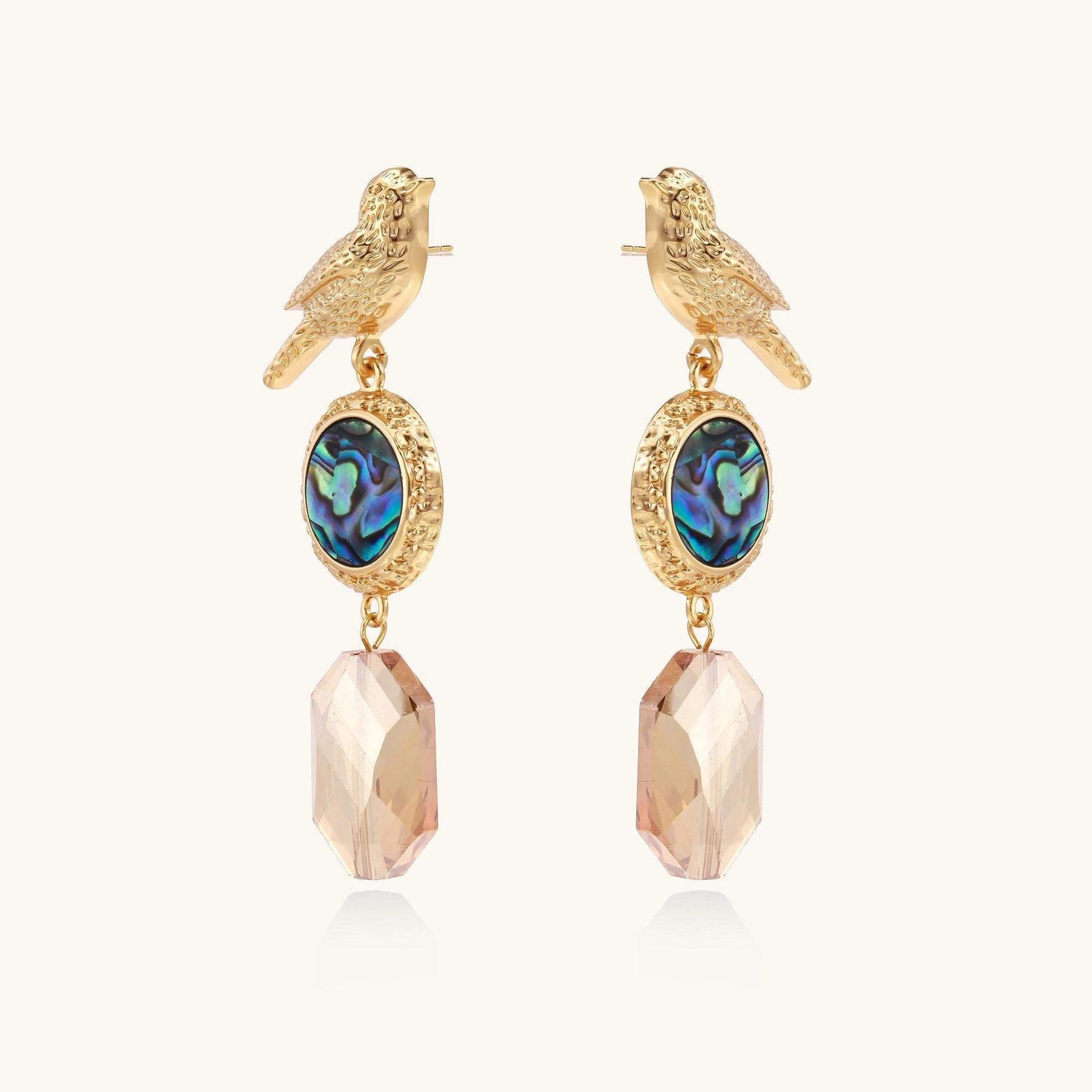 Gold-plated bird dangle earrings with iridescent abalone shell discs and champagne crystal drops on white background.