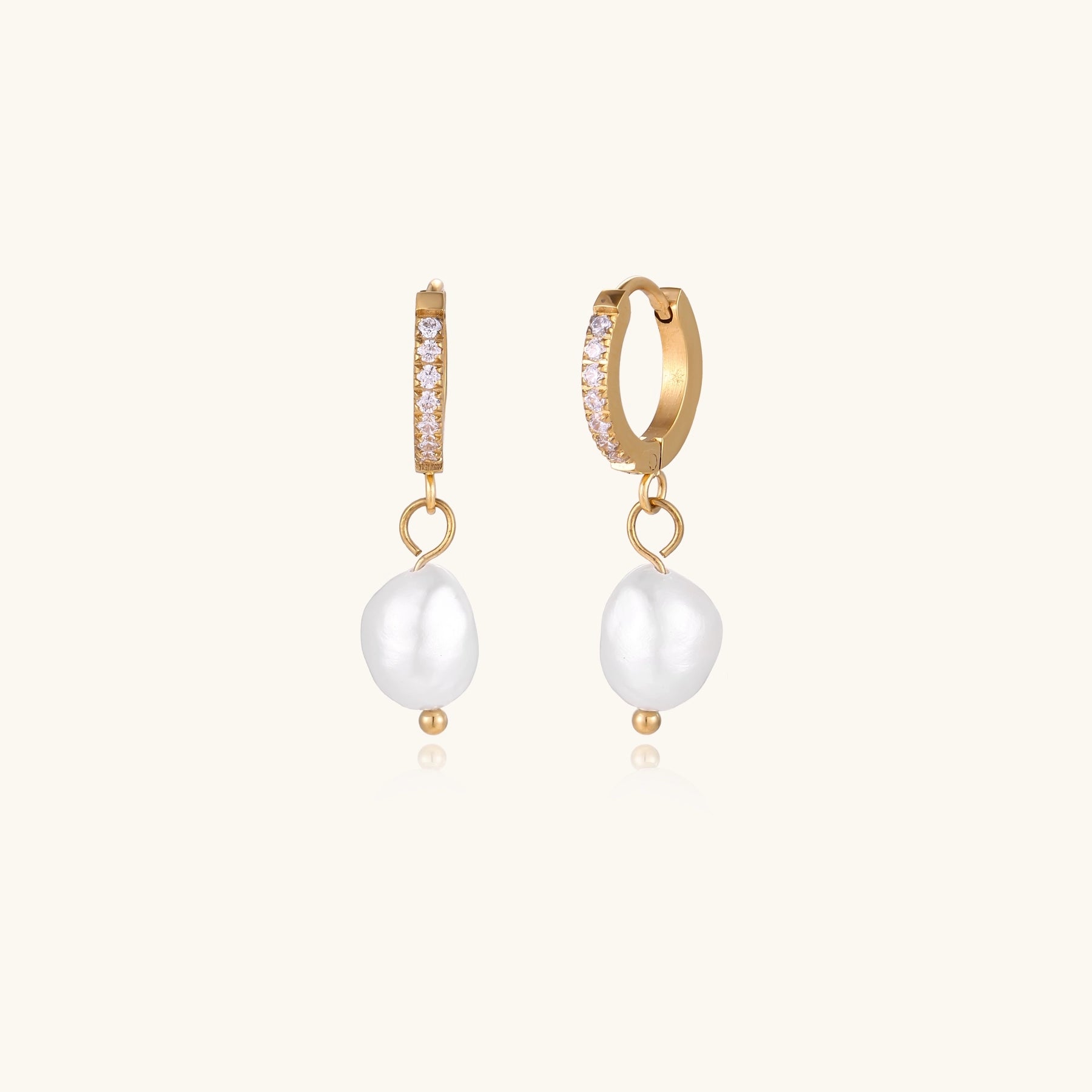 18K gold plated hoop earrings with freshwater pearl drops on neutral background, showing elegant minimalist design.