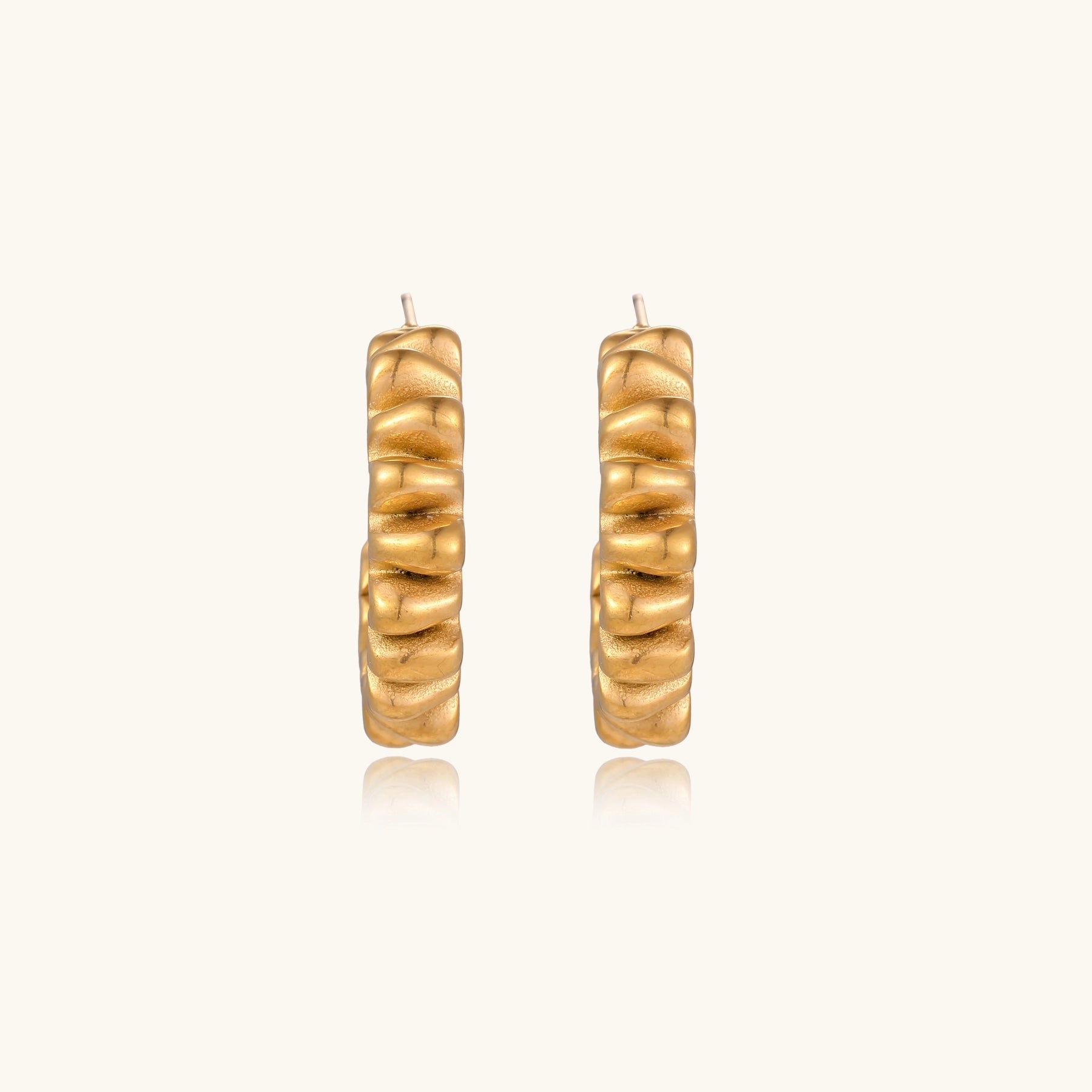 Gold-plated stainless steel earrings with twisted rope texture in various hoop sizes on neutral background.