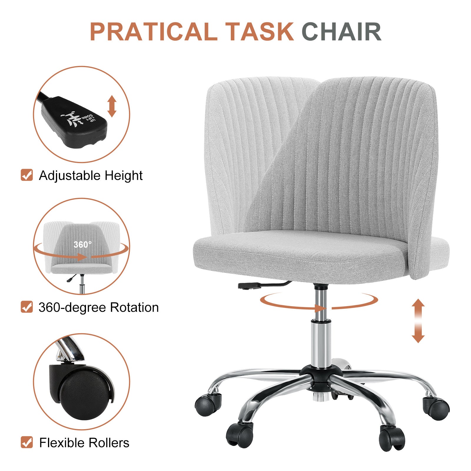 Modern Fabric Armless Adjustable Swivel Office Desk Chairs With Wheels