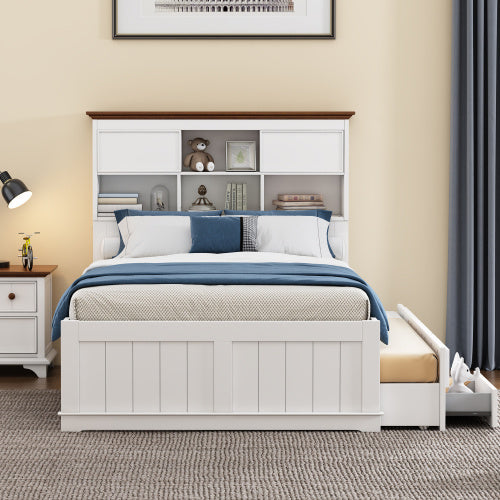 Solid Pine Captain Bookcase Bed With Trundle Bed And 3 Spacious Under Bed Drawers In Casual,Full, White Walnut