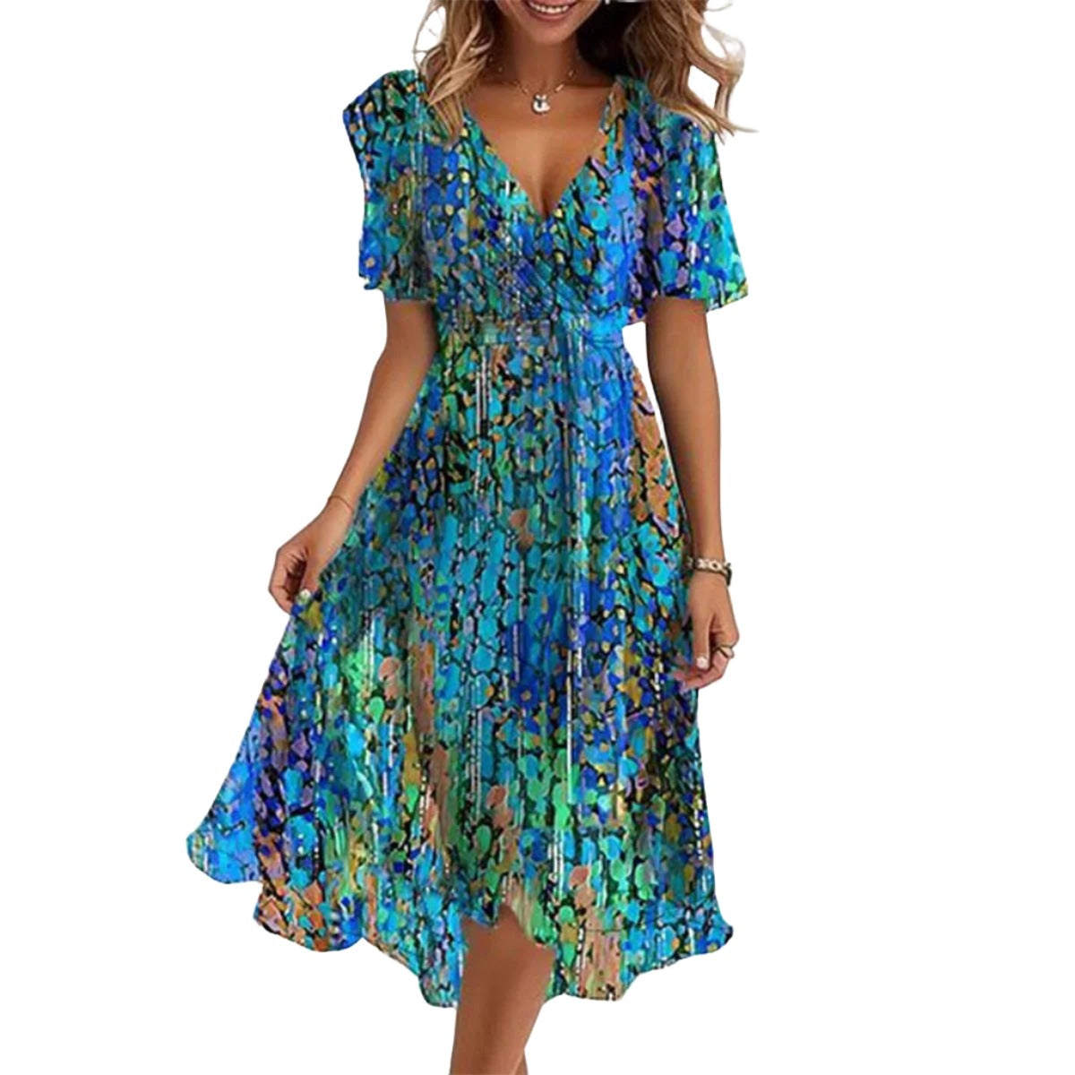 Printed Short Sleeve V-neck Dress