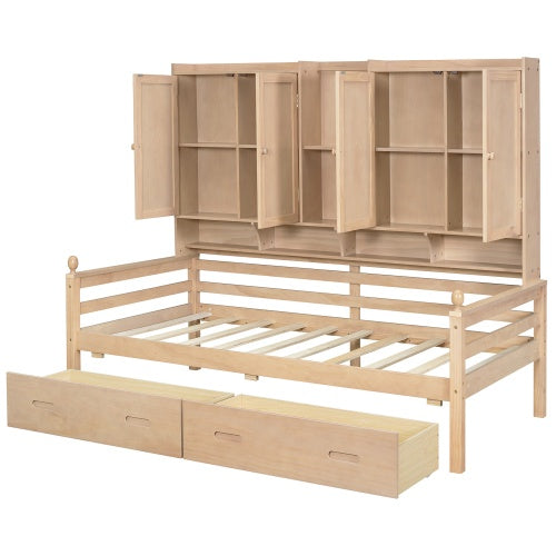 Twin Size Wooden Storage Daybed Frame With Bookcase Headboard And Two Under-bed Drawers For Bedroom Living Room, No Box Spring Needed,Natural