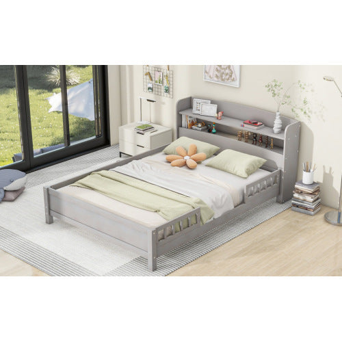 Wood Full Size Platform Bed With Built-in LED Light, Storage Headboard And Guardrail, Antique Grey