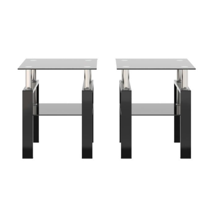 Set Of 2, Modern Tempered Glass Tea Table Coffee Table End Table, Square Table For Living Room, Black