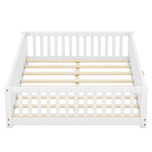 Full Size Bed Floor Bed With Safety Guardrails And Door For Kids, White