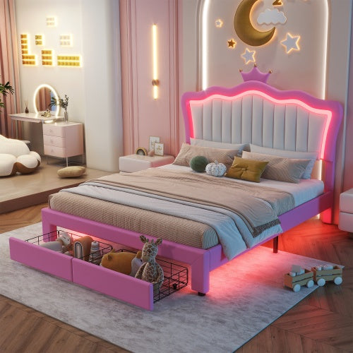 Full Size Upholstered Bed Frame With LED Lights, Modern Upholstered Princess Bed With Crown Headboard, 2 Drawers