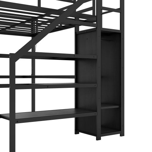 Full Size Loft Bed With L-shaped Desk And USB, Metal Loft Bed With Wardrobe And Adjustable Shelf, High Loft Bed With LED For Kids Teens Adults, Black