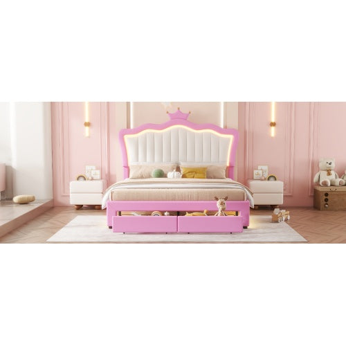 Full Size Upholstered Bed Frame With LED Lights, Modern Upholstered Princess Bed With Crown Headboard, 2 Drawers