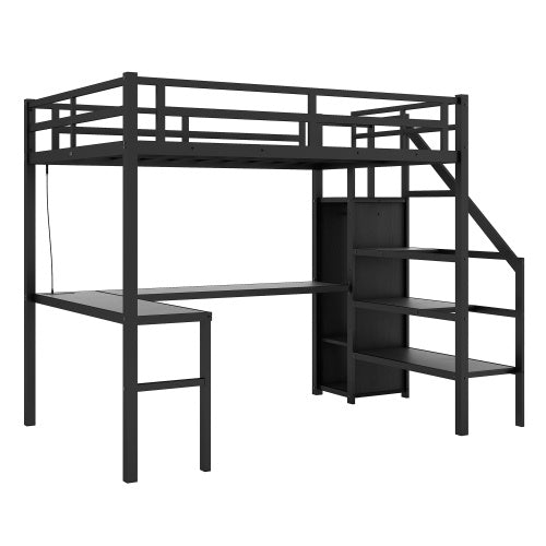 Full Size Loft Bed With L-shaped Desk And USB, Metal Loft Bed With Wardrobe And Adjustable Shelf, High Loft Bed With LED For Kids Teens Adults, Black