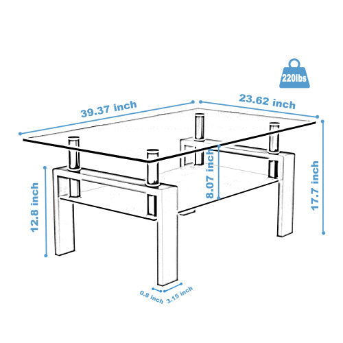 Rectangle Walnut Glass Coffee Table, Clear Coffee Table, Modern Side Center Tables For Living Room