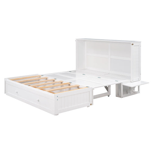 Queen Size Mobile Murphy Bed With Drawer And Little Shelves On Each Side,White