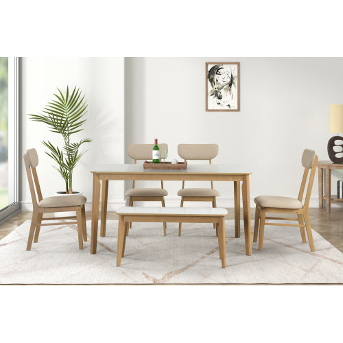 Set Of 6 Dining Table, One Table, One Bench And Four Chairs, With A Light Oak High-gloss White Top