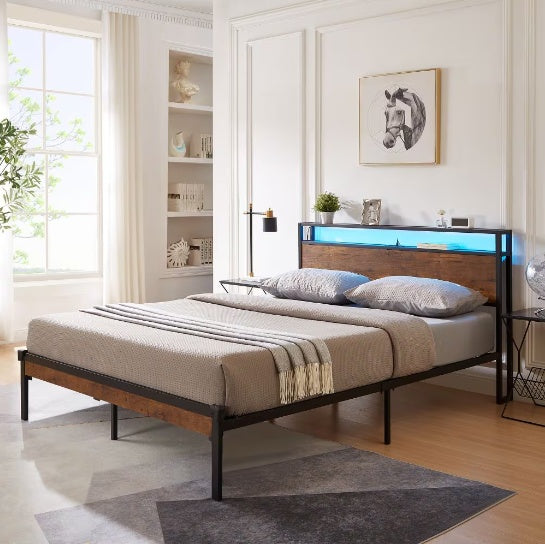 King Size Metal Platform Bed Frame With Wooden Headboard And Footboard With USB LINER