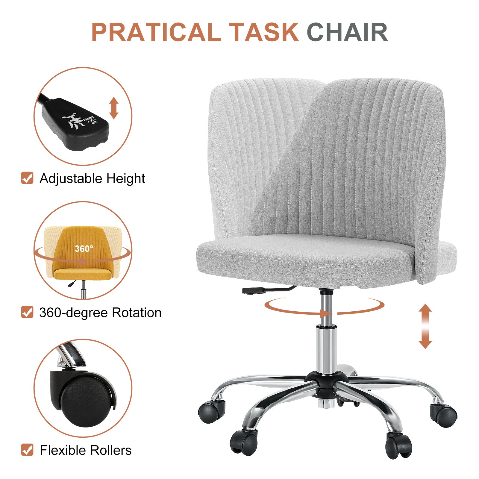 Modern Fabric Armless Adjustable Swivel Office Desk Chairs With Wheels