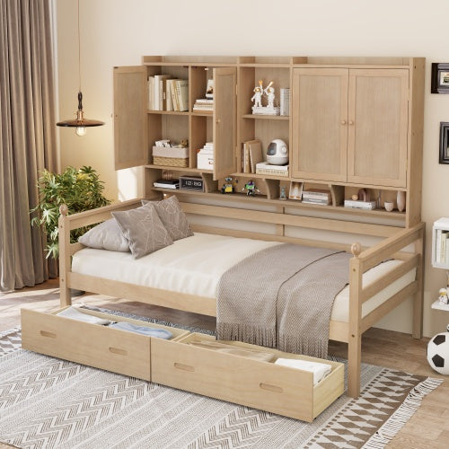 Twin Size Wooden Storage Daybed Frame With Bookcase Headboard And Two Under-bed Drawers For Bedroom Living Room, No Box Spring Needed,Natural