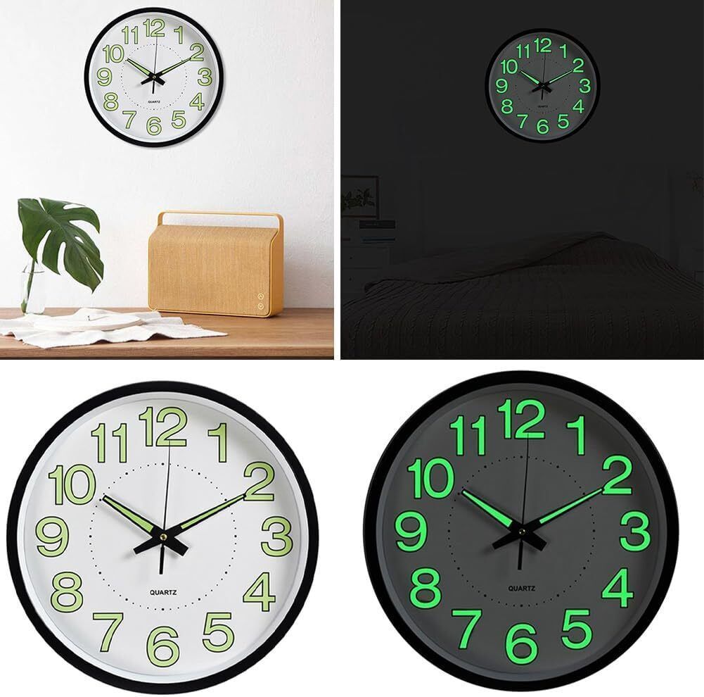 12'' Wall Clock Large Quartz Silent Luminous Glow In The Dark Indoor Home Office