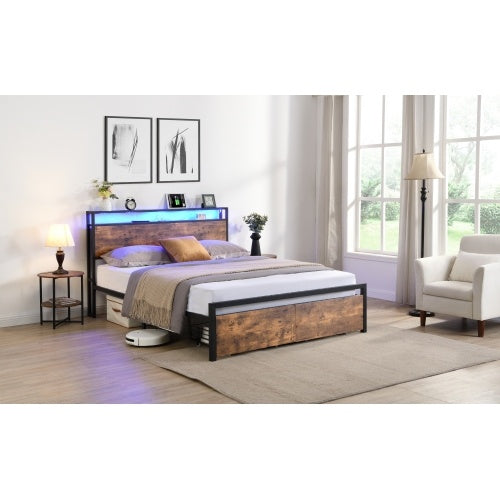 Full Size Bed Frame With Storage Headboard And 2 Drawers, LED Lights Bed With Charging Station, Metal Platform Bed No Noise