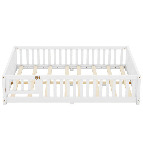 Full Size Bed Floor Bed With Safety Guardrails And Door For Kids, White