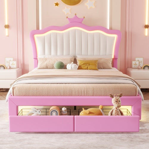 Full Size Upholstered Bed Frame With LED Lights, Modern Upholstered Princess Bed With Crown Headboard, 2 Drawers