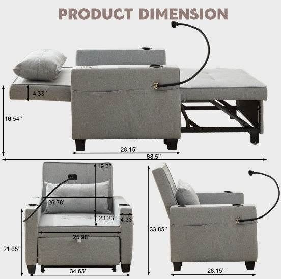 Futon Chair Bed Convertible Chair 3-in-1 Pull Out Sleeper Chair Beds With USB Ports,Wear-resistant And Anti-scratch, Armchair Bed Sleeper For Living Room,Grey.