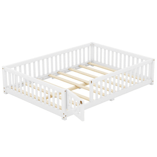 Full Size Bed Floor Bed With Safety Guardrails And Door For Kids, White